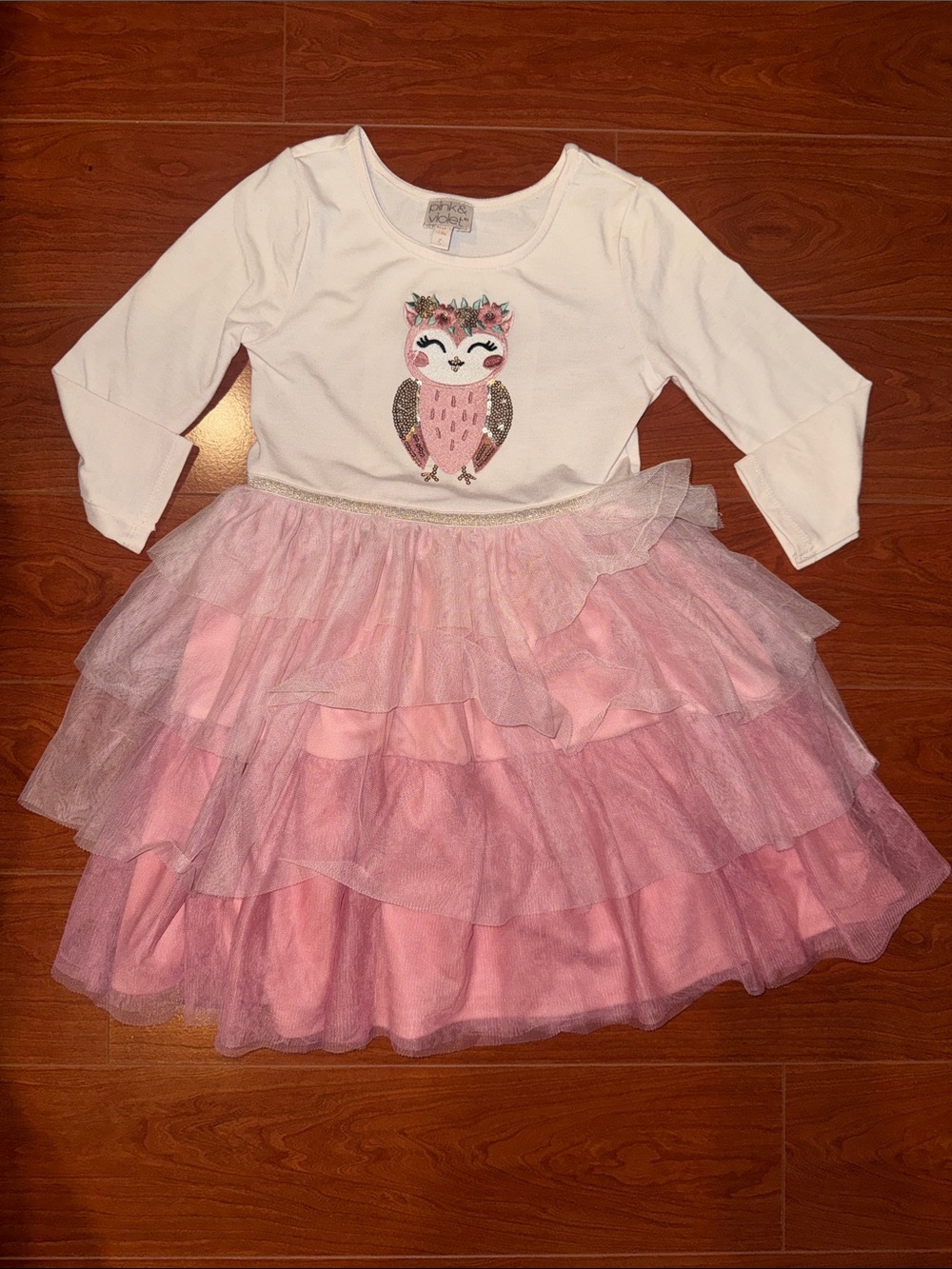 Girls Pink Tulle Owl Dress - White Top